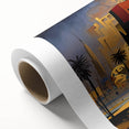 Art Deco style poster of a Middle-Eastern scenery on rolled canvas, featuring earthy tones.