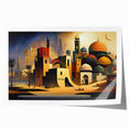 Rolled print of a Middle Eastern Iraqi scenery with floral elements in earthy tones, ideal for dining room wall art.