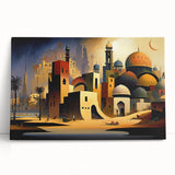 Black and white print of a Middle Eastern cityscape on large stretched canvas.