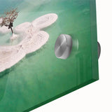 Large abstract depiction of the Dead Sea in muted blue and beige tones on acrylic glass, suitable for dining room art.