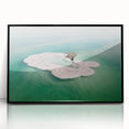 Large abstract wall art of the Dead Sea in muted blue and gray tones, framed acrylic print.