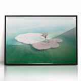 Large abstract wall art of the Dead Sea in muted blue and gray tones, framed acrylic print.