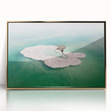 Mid-century modernist style large art print of the Dead Sea in muted earth tones, framed acrylic.