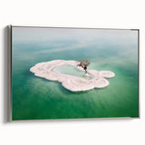 Framed canvas landscape art painting of the Dead Sea with muted blue and silver tones, ideal for a modern living room.