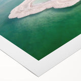 Art deco poster of the Dead Sea in muted blue and beige tones on rolled canvas, suitable for dining room wall art.