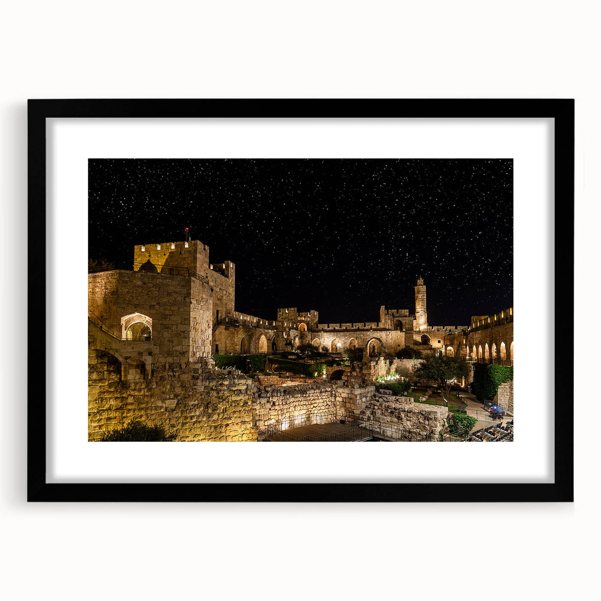 Abstract art print of Jerusalem scenery in vibrant, textured colors on a large framed canvas, ideal for living room decor.