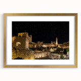 Extra large abstract art print of Jerusalem in textured gold and earth tones on framed canvas, ideal for living room decor.