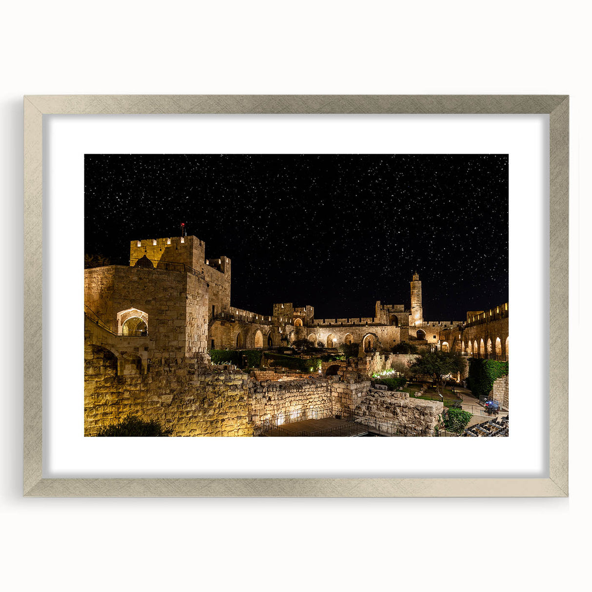 Textured art print of Jerusalem skyline in muted earth tones on a framed canvas, suitable for bedroom decor.