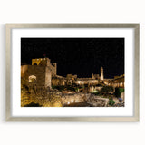 Textured art print of Jerusalem skyline in muted earth tones on a framed canvas, suitable for bedroom decor.