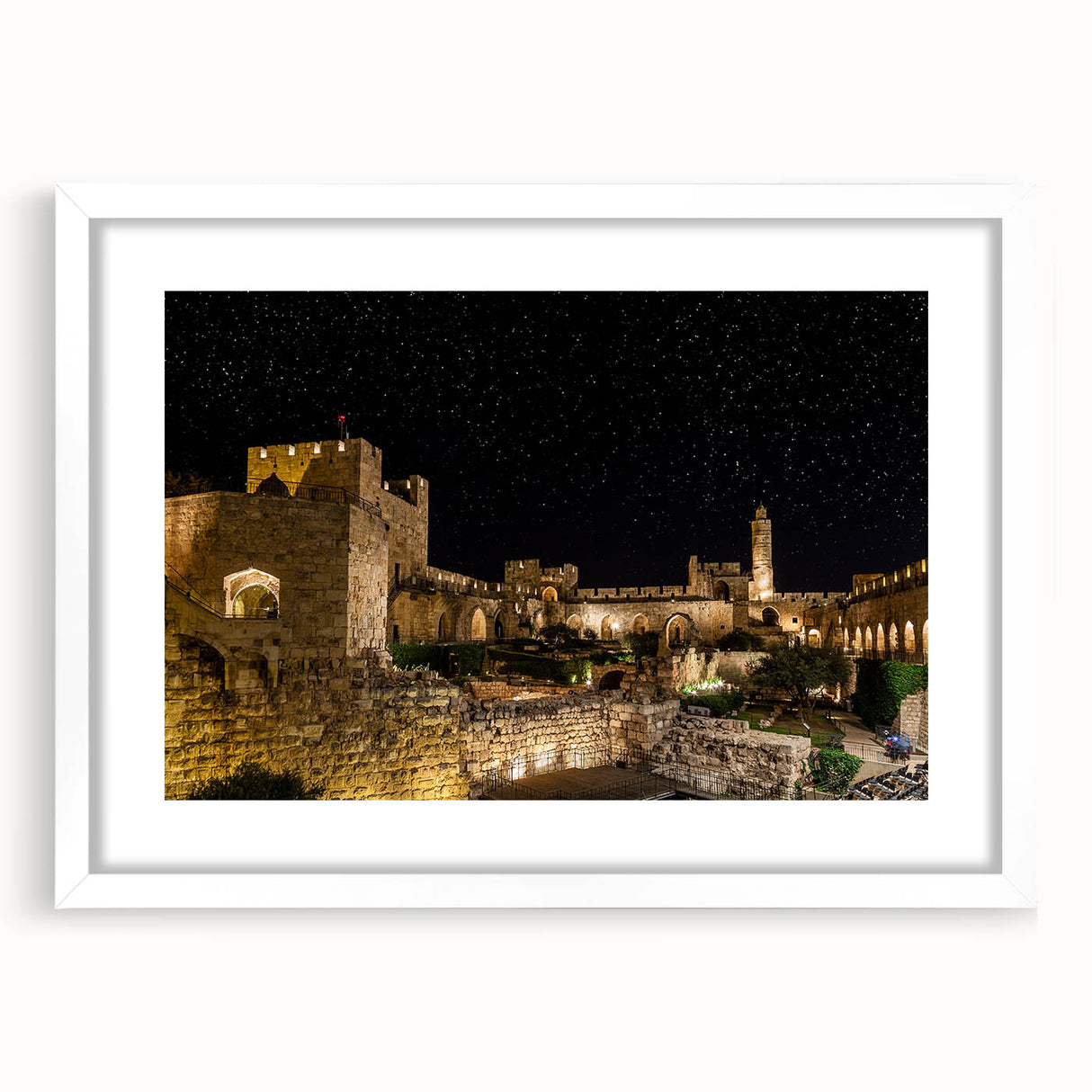 Abstract art print of Jerusalem skyline in muted earth tones on a white framed canvas, suitable for dining room decor.