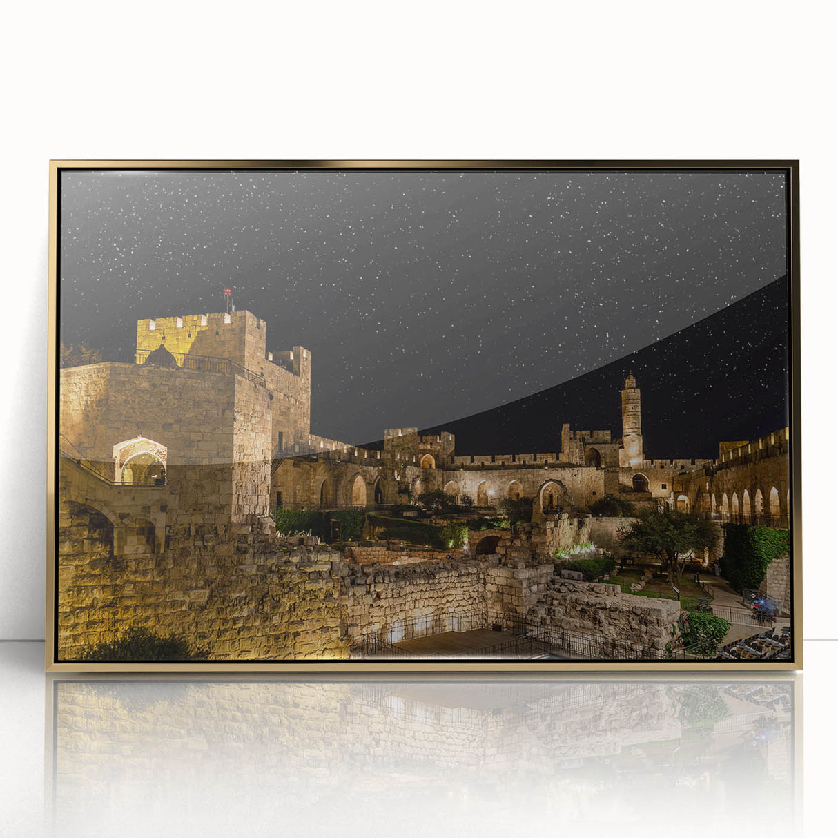 Mid-century modernist acrylic print of Jerusalem skyline in muted gold tones, ideal for modern art wall decor.