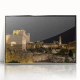 Mid-century modernist art depicting Jerusalem skyline in muted silver tones on framed acrylic.