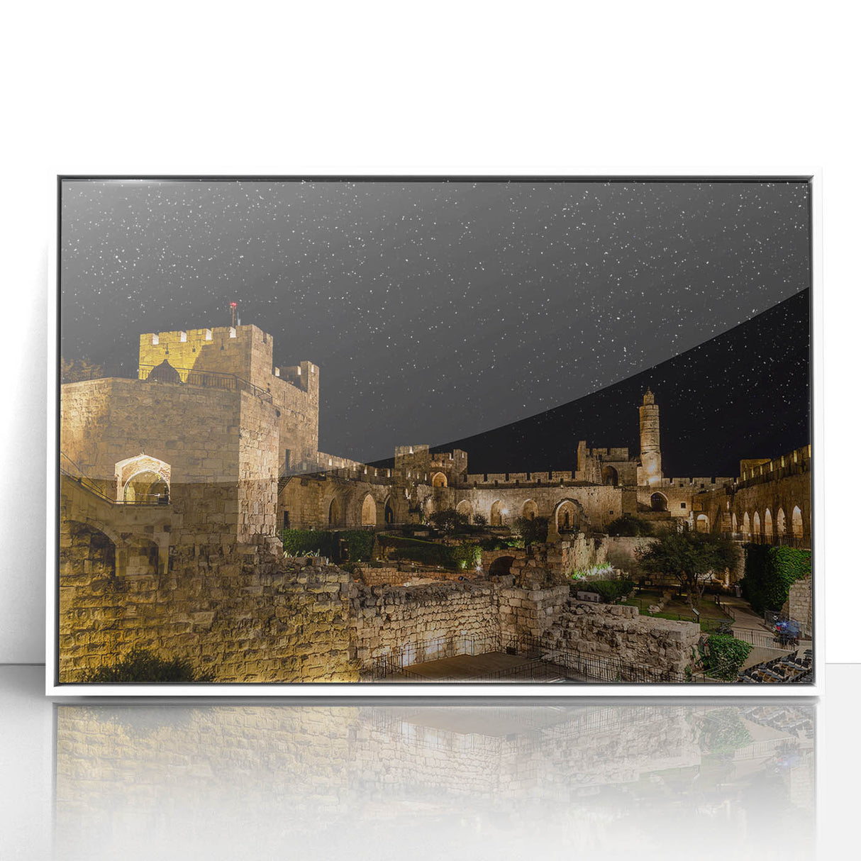 Art deco poster of Jerusalem skyline in muted gold and white tones on framed acrylic, suitable for modern nursery decor.
