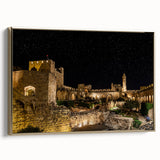 Framed canvas wall art featuring a vintage-style landscape painting of Jerusalem in muted gold and black tones.