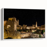 Vintage poster art of Jerusalem skyline in vibrant colors on extra large framed canvas, ideal for living room decor.