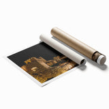 Extra large rolled print of Jerusalem scenery with floral elements in muted tones, ideal for classy bathroom wall art.