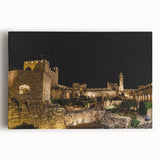 Black and white stretched canvas of Jerusalem skyline, ideal for kitchen wall art.