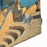 Large abstract wall art of Tel Aviv skyline in muted blues and greens on acrylic glass, ideal for dining room ambiance.