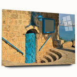 Large abstract wall art of Tel Aviv skyline in muted blue and gray tones on acrylic glass.