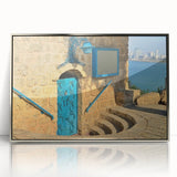 Mid-century modernist art of Tel Aviv skyline in muted colors on a framed acrylic, suited for modern art wall decor.