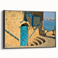 Black and white framed canvas of Tel Aviv landscape, vintage poster style, ideal for bedroom wall art.
