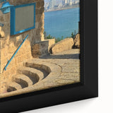 Extra large framed canvas featuring a textured, colorful depiction of Tel Aviv skyline, ideal for living room decor.