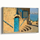 Landscape art painting of Tel Aviv with colorful, vintage-style design on a framed canvas, ideal for living room decor.