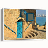 Vintage poster art of Tel Aviv with colorful skyline on extra large framed canvas, suitable for living room decor.