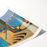 Extra large rolled print of Tel Aviv scenery with line art flowers in muted tones, ideal for large living room wall art.