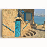 Black and white large art print of Tel Aviv skyline on stretched canvas, ideal for kitchen wall art.