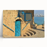 Black and white stretched canvas of Tel Aviv skyline, ideal for kitchen wall art.