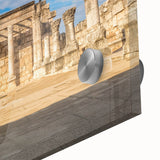 Large abstract wall art featuring a mid-century modernist style depiction of a Middle Eastern landscape in muted earth tones.