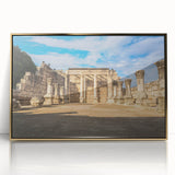 Large acrylic print of a mid-century modernist Israeli scenery in gold tones, ideal for modern art wall decor.