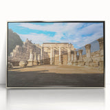 Mid-century modernist art depicting a serene Middle Eastern landscape in muted earth tones, framed acrylic.