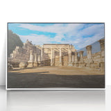 Acrylic print of a Middle Eastern scenery in muted earth tones, framed in white, suitable for modern art wall decor.