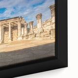 Black wall art featuring a textured, colorful Middle Eastern scenery on an extra large framed canvas.
