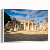 Vintage poster art of a Middle Eastern landscape on a framed canvas, featuring colorful art in extra large size.