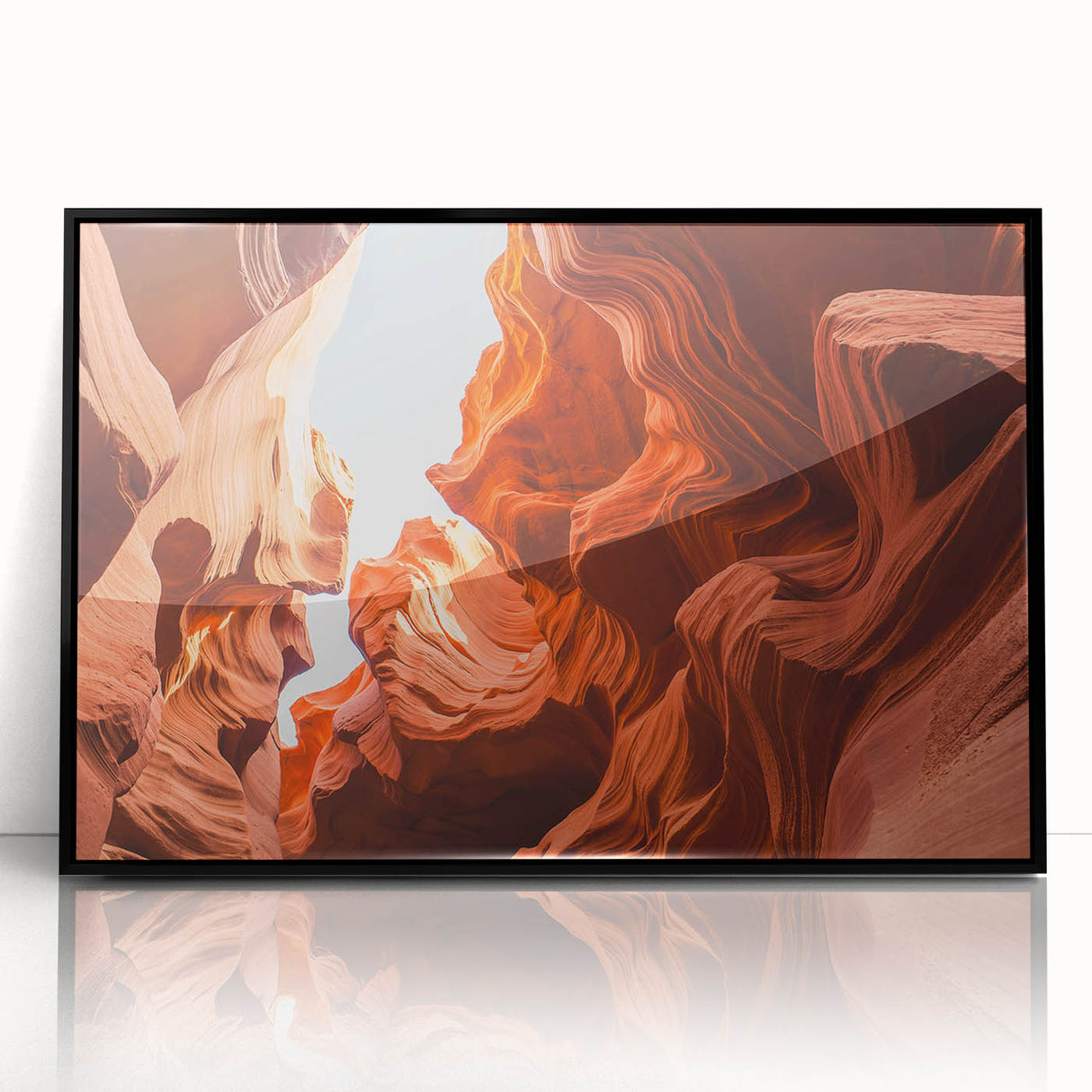 Large abstract wall art depicting a Middle Eastern Jordanian landscape in muted earth tones, framed in black acrylic.