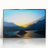 Mid-century modernist art depicting a serene Omani landscape in muted earth tones on a silver-framed acrylic print.