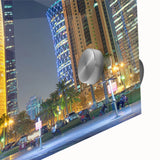 Large abstract wall art depicting a Qatar scenery in muted earth tones on acrylic glass, ideal for dining room ambiance.