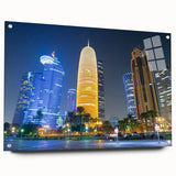 Acrylic print of a large abstract portrayal of the Qatar skyline in muted earth tones, ideal for dining room decor.
