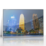 Art deco style poster of Qatar scenery in muted gold and white tones, acrylic framed.