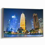 Landscape art painting featuring a vintage-style Qatar scenery on a framed canvas, with colorful and black elements.