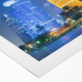 Art deco poster depicting the Qatar skyline in muted gold and blue tones on a rolled canvas, suitable for dining room decor.