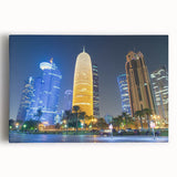 Black and white panoramic skyline of Qatar on large stretched canvas, suitable for kitchen wall art.