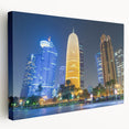 Side view of a stretched canvas depicting a serene Middle-Eastern Qatar scenery in earthy tones.