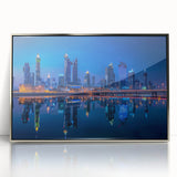 Mid-century modernist art depicting a minimalist Saudi Arabian landscape in muted earth tones, framed acrylic.