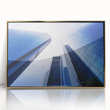 A large acrylic print of Abu Dhabi skyline in gold and blue hues, styled in mid-century modernist art.