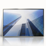 Mid-century modernist art of Abu Dhabi skyline in silver frame, acrylic print, ideal for modern art wall decor.