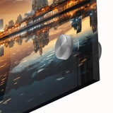 Mid-century modernist acrylic print of abstract Burj Al Arab in muted blue and gold tones, suitable for dining room art.